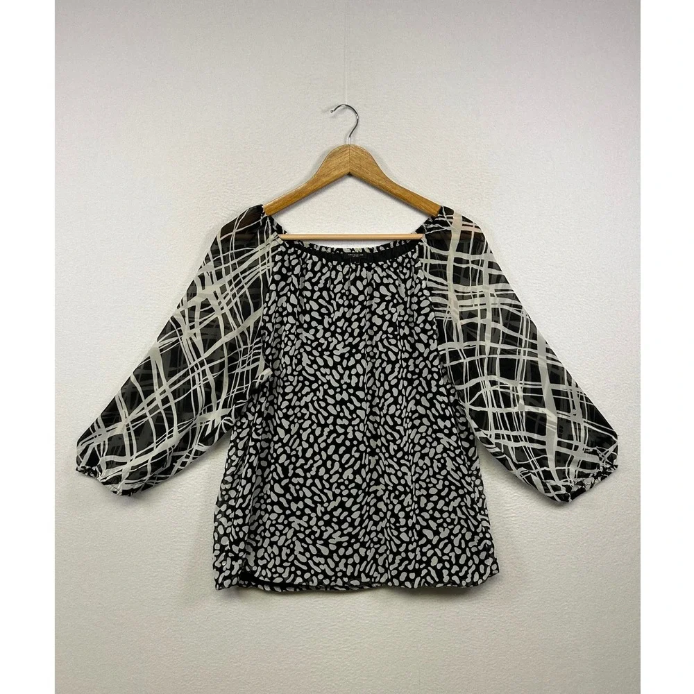 Ann Taylor Mixed Print Abstract Blouse Womens Small Black White 3/4 Sleeve Top
